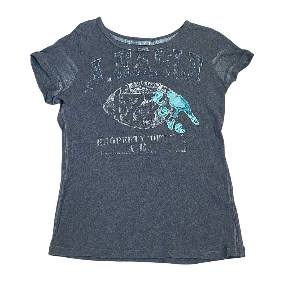 American Eagle Y2K Baby Tee Gray Distressed Graphic Love Top Size Large